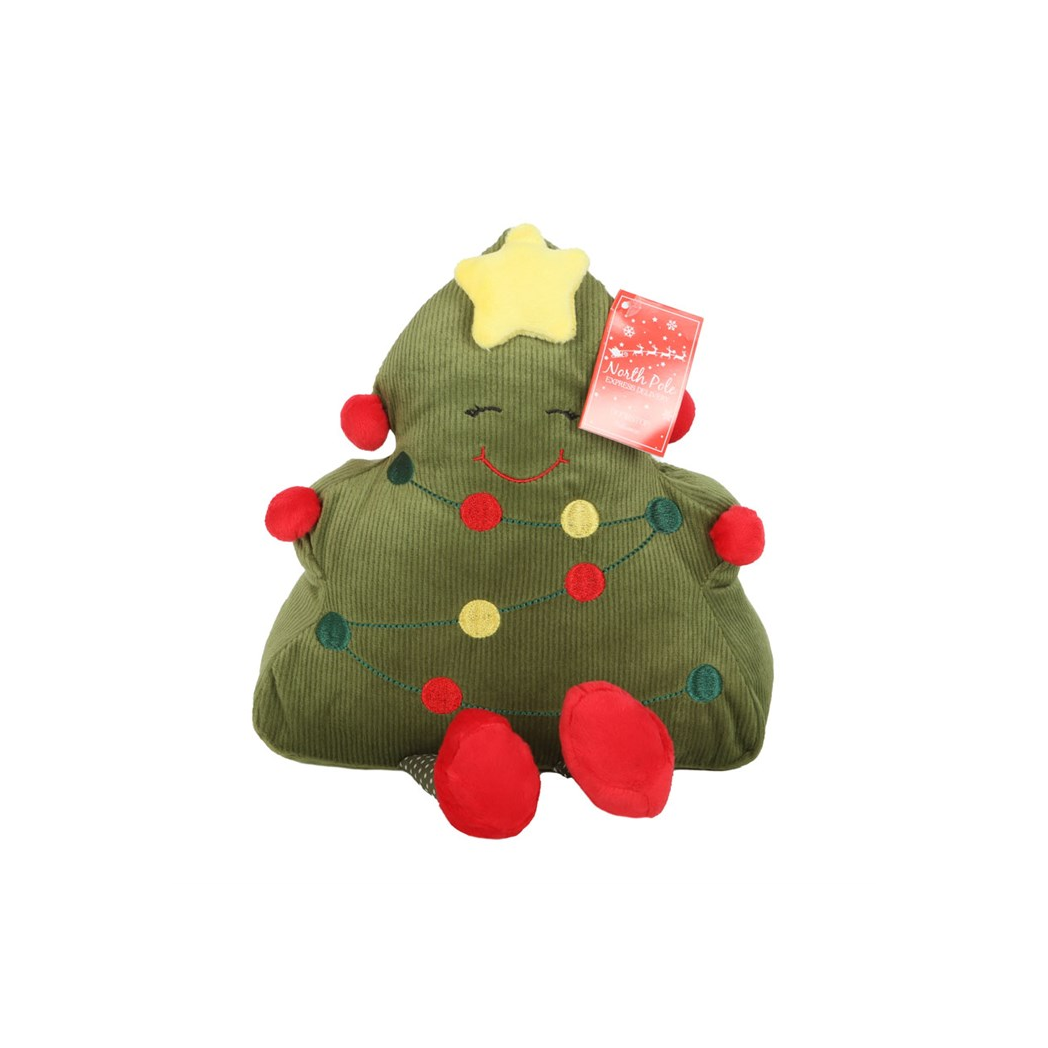 Green corduroy Christmas tree doorstop with smiling face, yellow star and red pompoms