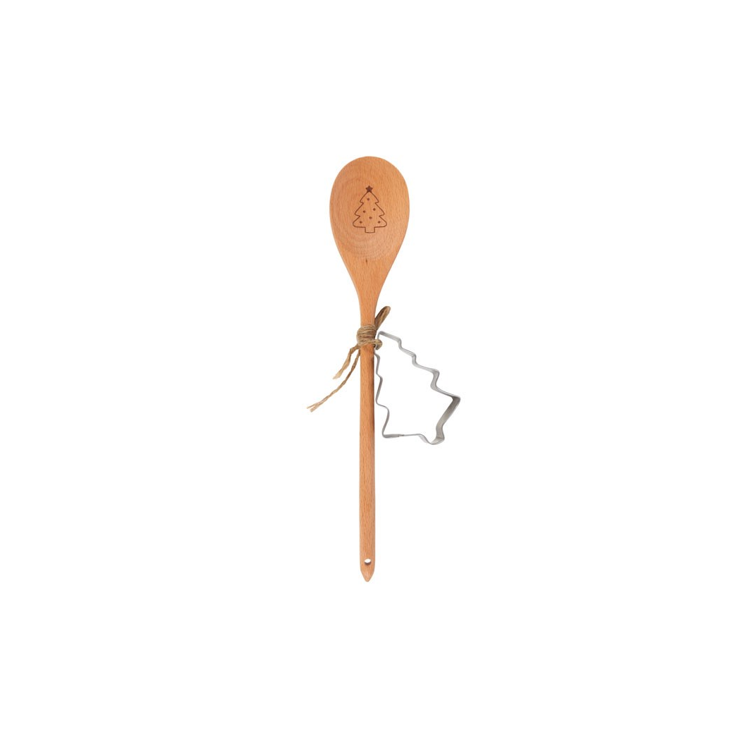 Beech wooden spoon engraved with a Christmas tree, tied with twine to a metal tree cookie cutter