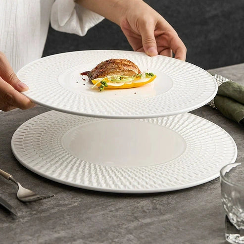 Aaponminimarket Embossed Spiral Shadow White Ceramic Plate