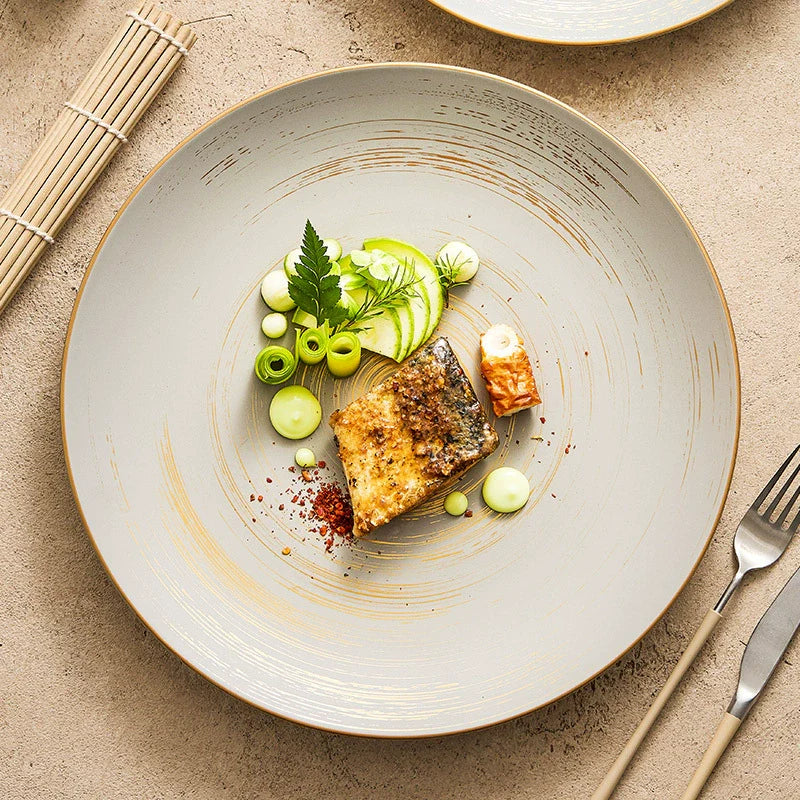 Aapon mini market -Matte Glazed Ceramic Dinner Plate with Gold Detailing