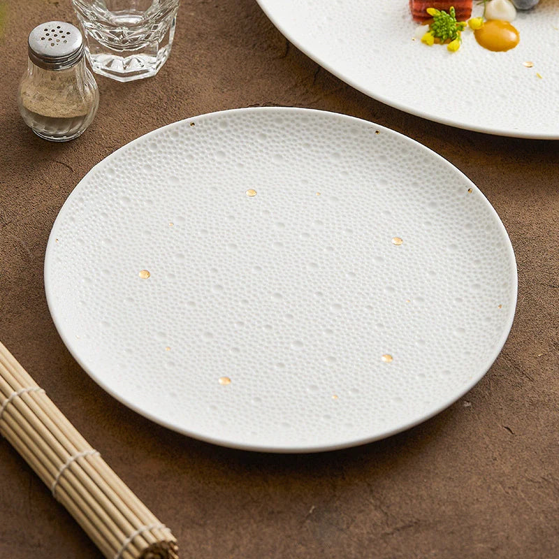 Aapon mini market -Textured White Porcelain Dinner Plate with Gold Dots