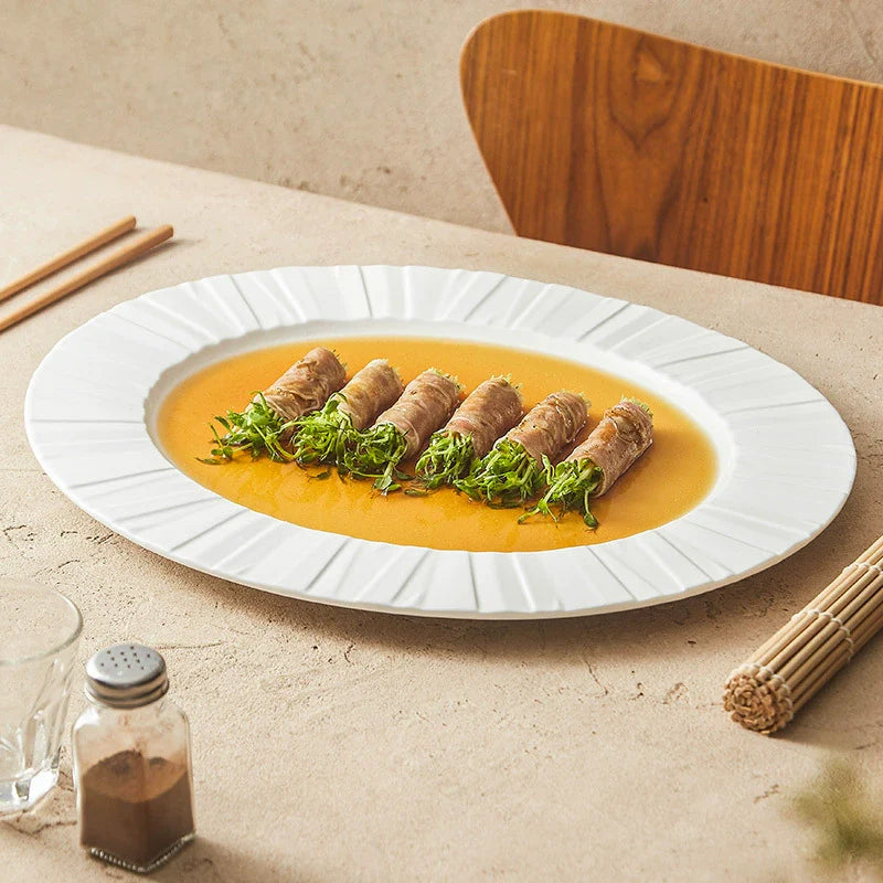 Aapon mini market - Ceramic Oval Serving Plate with Radiating Texture