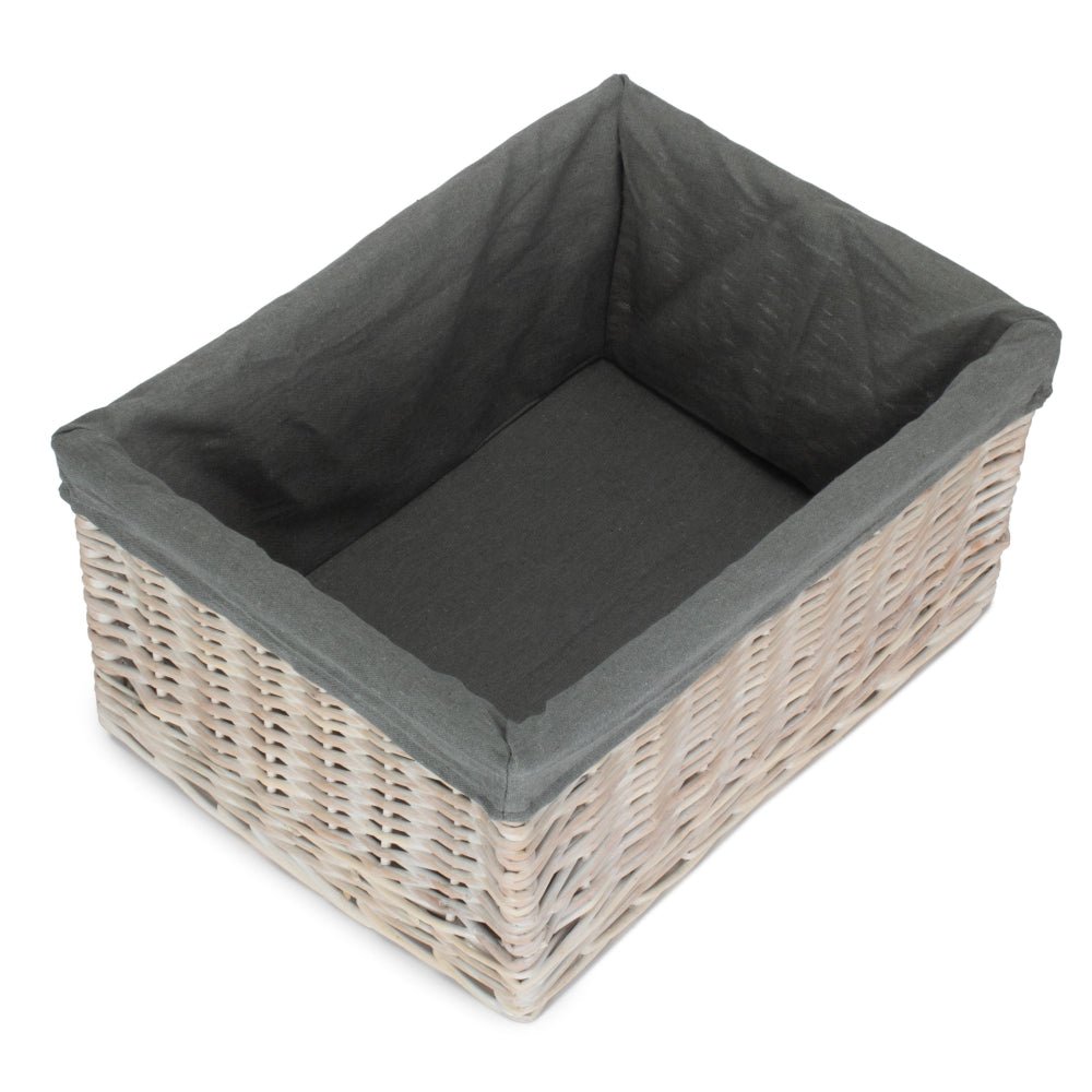 Whitewash Grey Lined Open Wicker Storage Basket-7