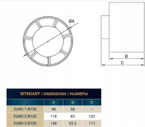 Euro Axial Bathroom Extraction Fan, 150mm