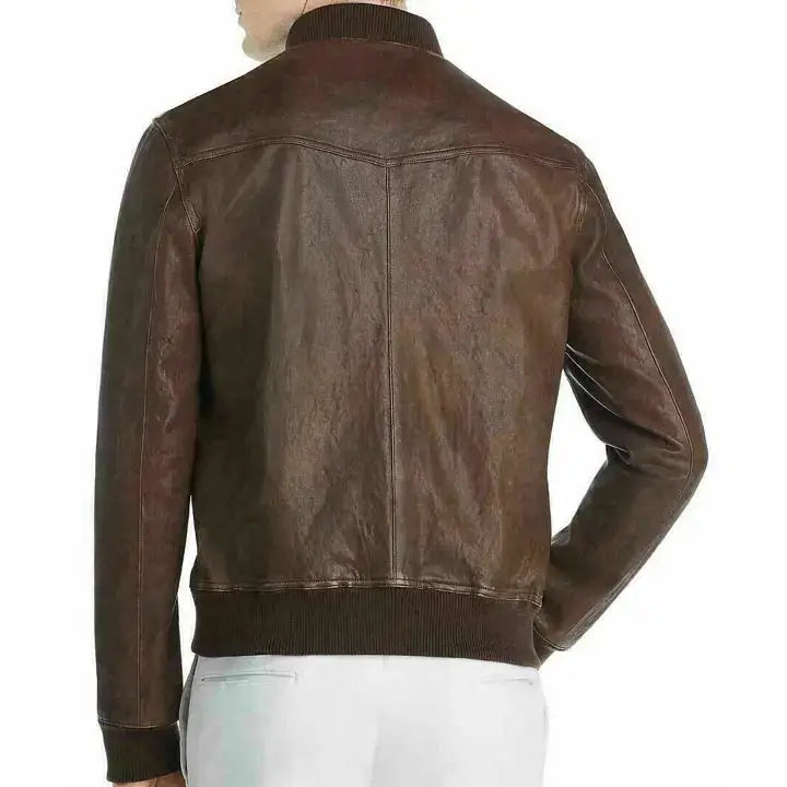 Mens Brown Leather Baseball Bomber Jacket