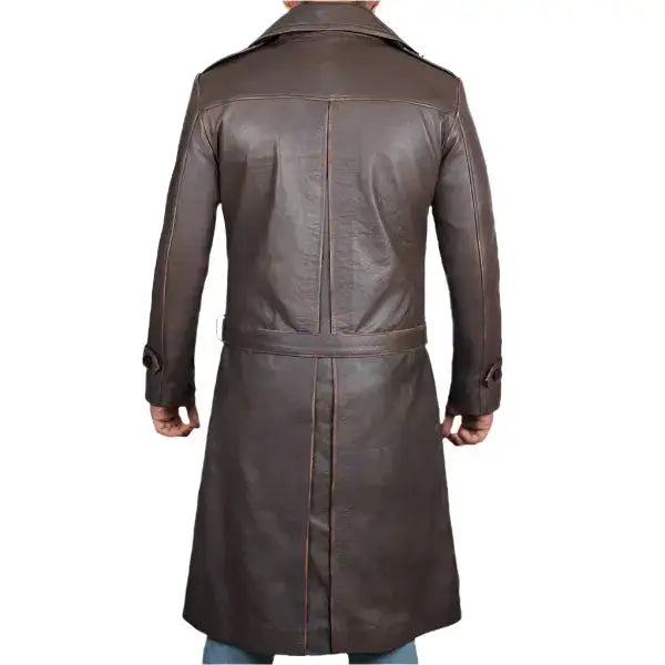 Mens Distressed Brown Leather Trench Coat