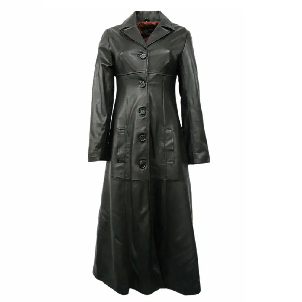 Women’s Genuine Black Leather Long Trench Overcoat