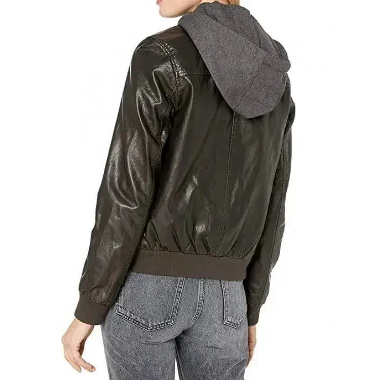 Women’s Black Leather Bomber Jacket with Hood