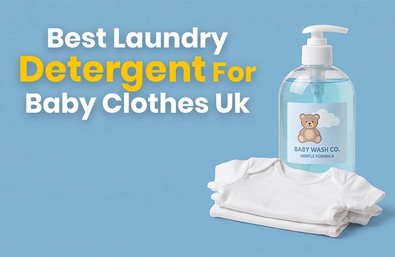 Pump bottle of gentle baby laundry liquid beside folded white baby bodysuits on a blue background