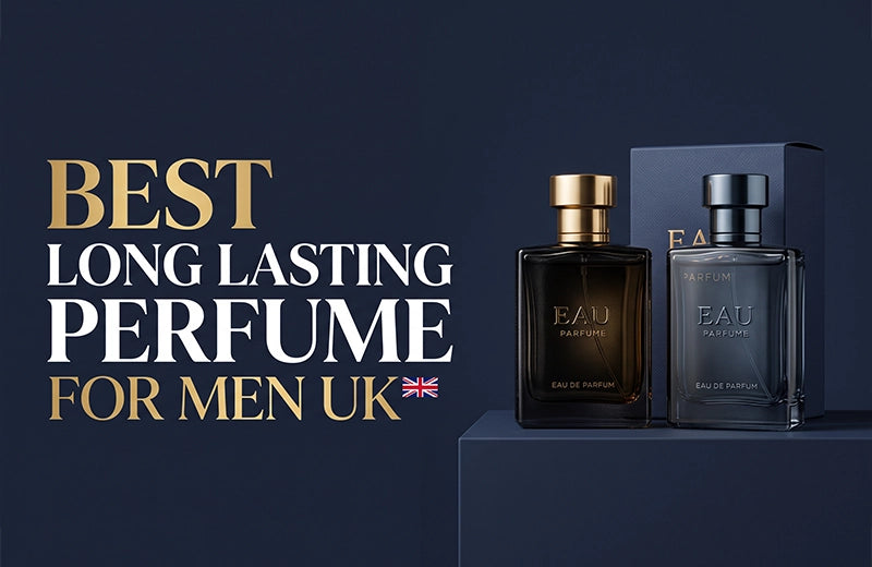 Two dark glass men's eau de parfum bottles with a navy box on a midnight blue background