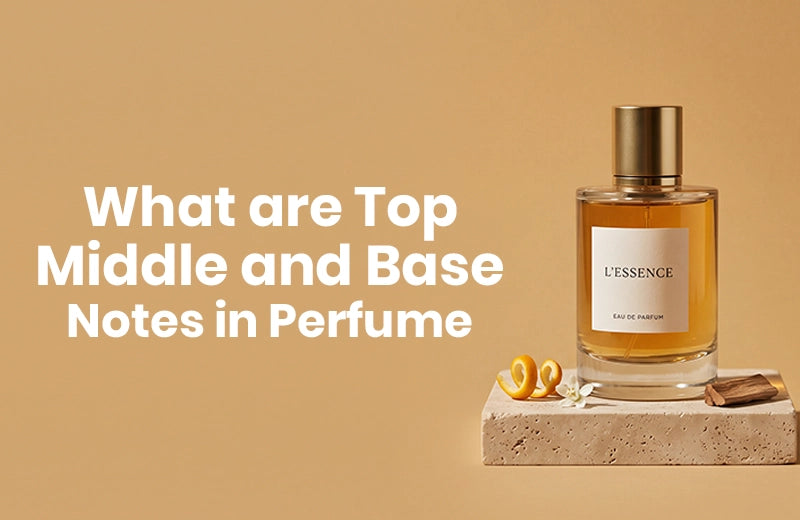 Eau de parfum bottle on a stone block with orange peel, a white flower and a piece of sandalwood