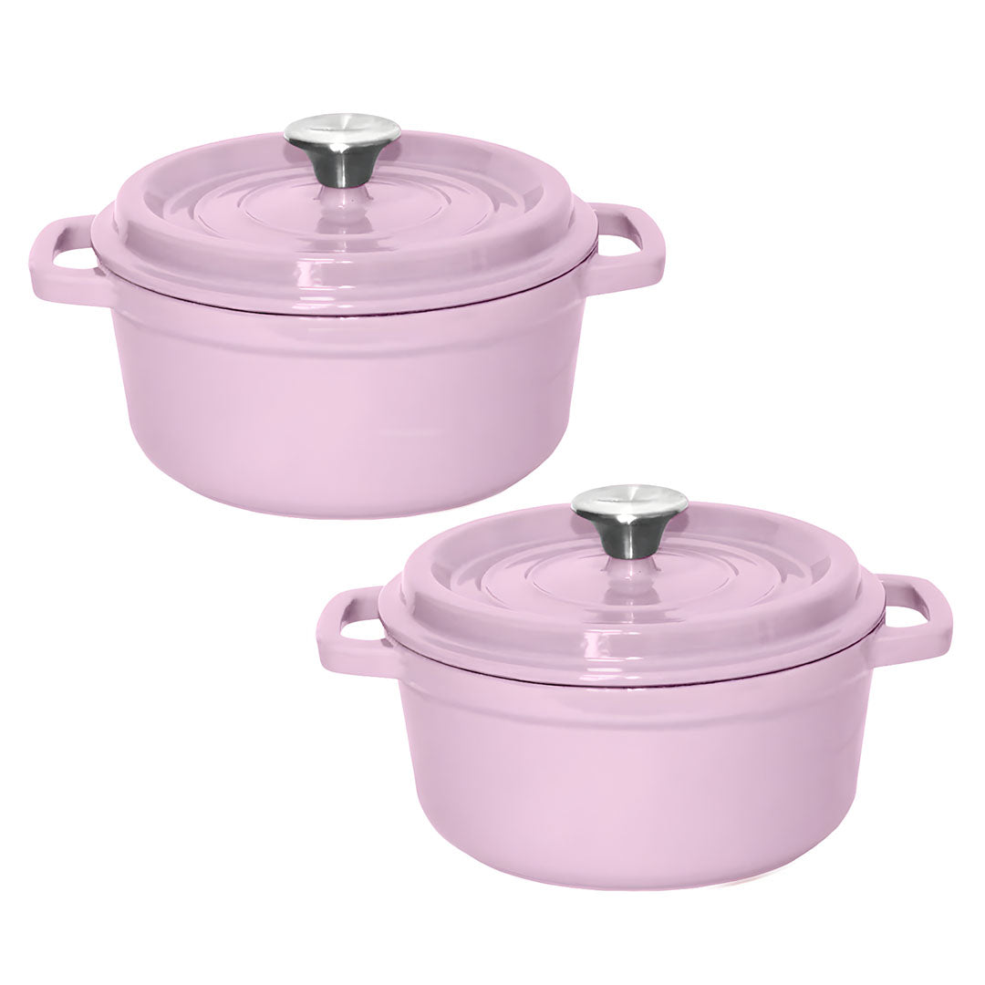 NNEAGS 2X 26cm Pink Cast Iron Ceramic Stewpot Casserole Stew Cooking Pot With Lid