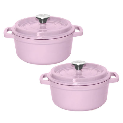 NNEAGS 2X 26cm Pink Cast Iron Ceramic Stewpot Casserole Stew Cooking Pot With Lid