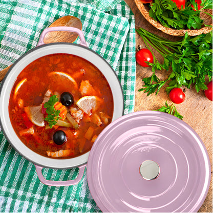 NNEAGS 2X 26cm Pink Cast Iron Ceramic Stewpot Casserole Stew Cooking Pot With Lid