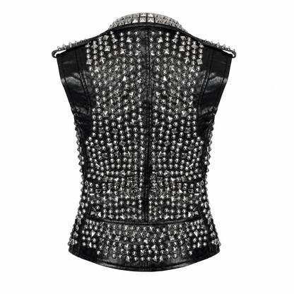 Men’s Studded Leather Vest with Silver Studs & Zipper Pockets