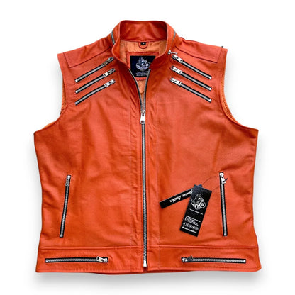 Men’s Orange Leather Motorcycle Vest
