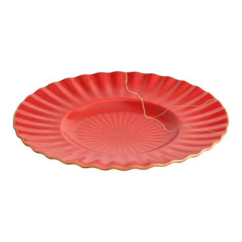 Aaponminimarket Luxury Red Ceramic Dinner Plate with Golden Veins