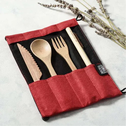 Aapon Mini Market Bamboo Cutlery Set (Green bag)