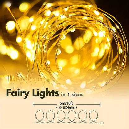 5m battery fairy lights with 50 warm white LEDs on a fine wire