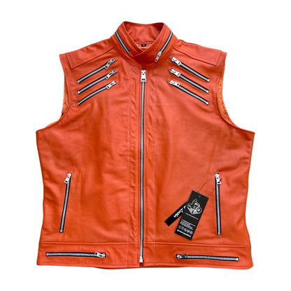 Men’s Orange Leather Motorcycle Vest