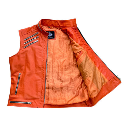 Men’s Orange Leather Motorcycle Vest