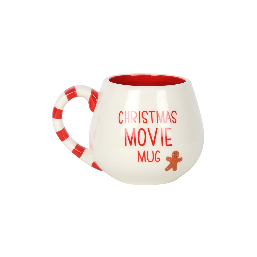 Rounded white Christmas Movie Mug with gingerbread man and candy cane handle