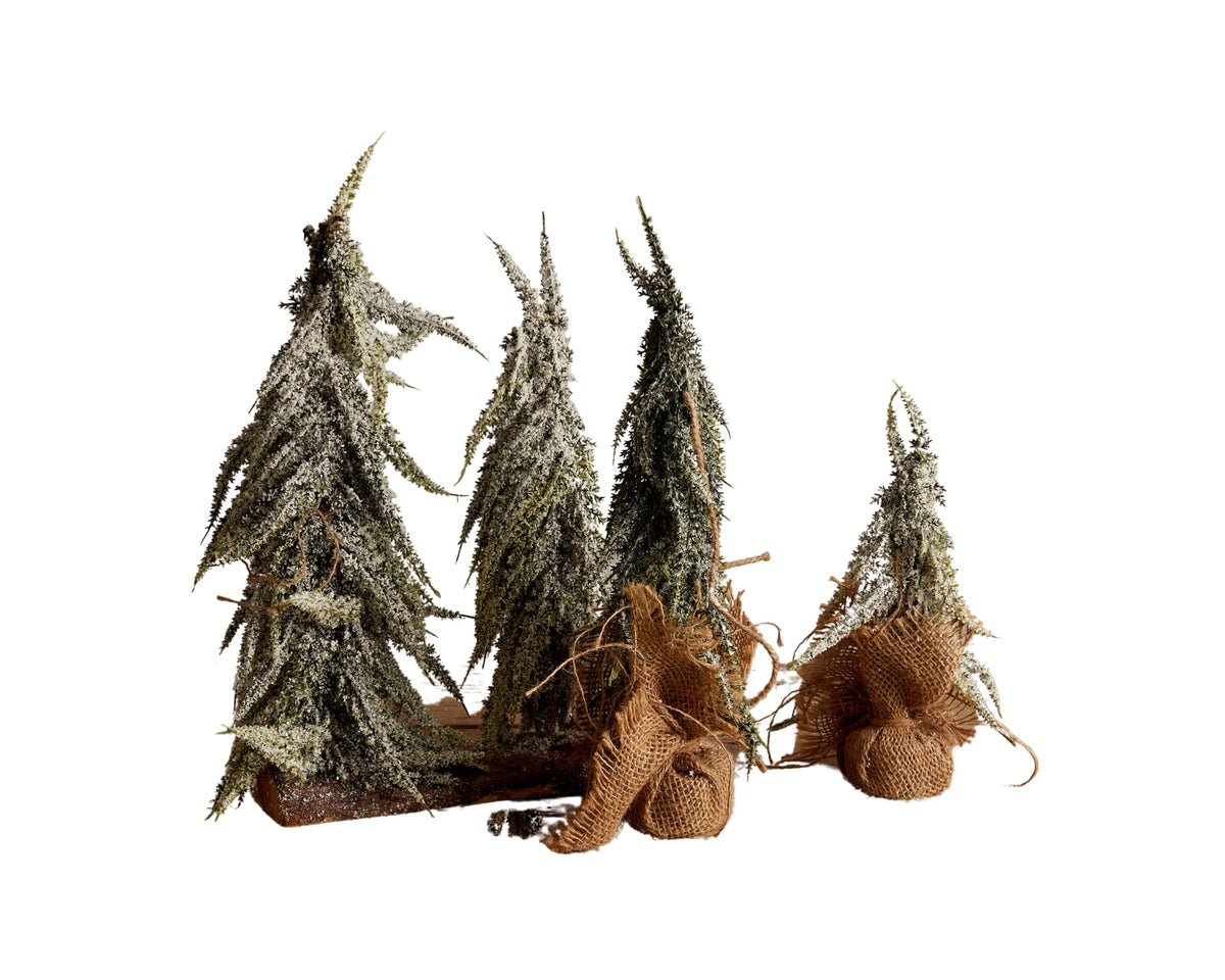 Set of three frosted artificial Christmas trees with hessian-wrapped bases