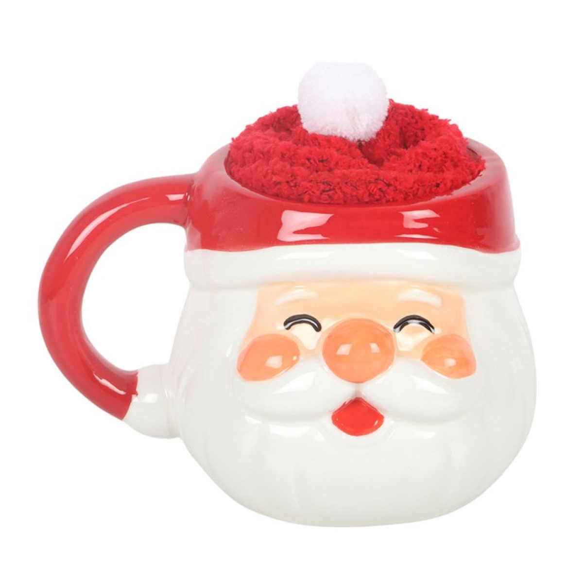 Smiling Santa ceramic mug with red fluffy socks styled as Santa hat