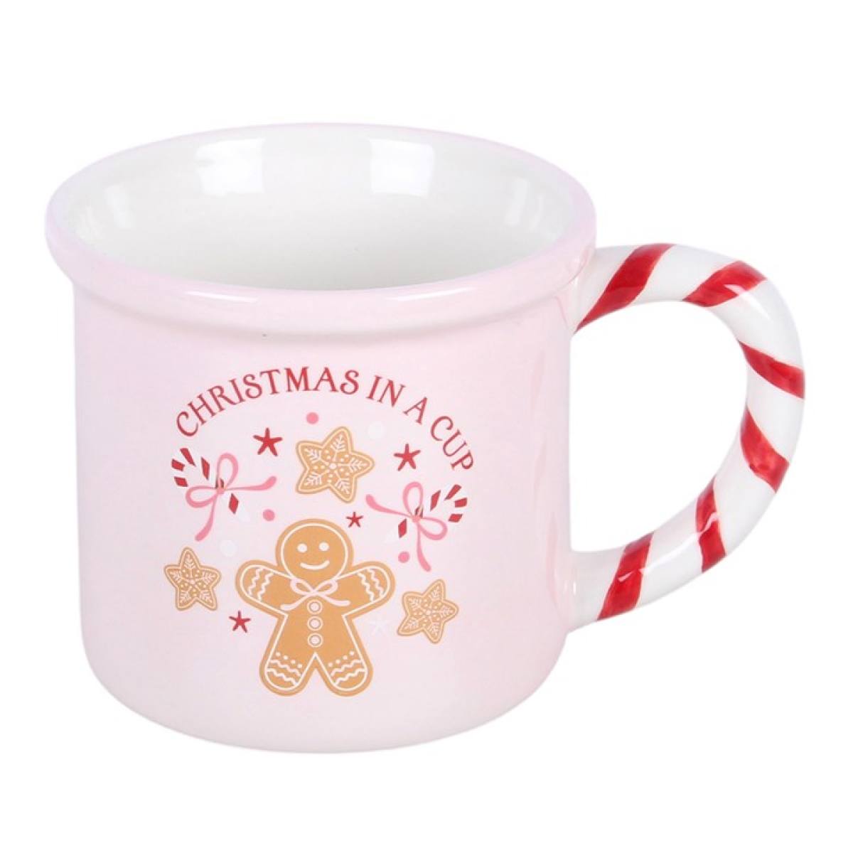 Pale pink mug with gingerbread man print and candy cane striped handle