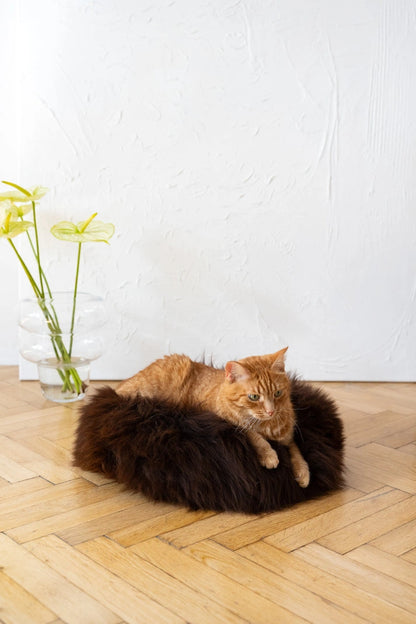 Aaponminimarket Round Natural Sheepskin Pet Bed (Brown)