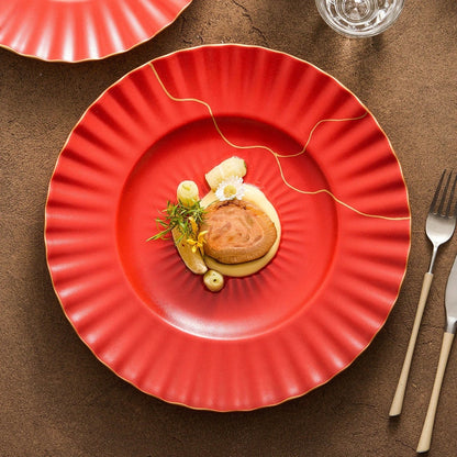Aaponminimarket Luxury Red Ceramic Dinner Plate with Golden Veins