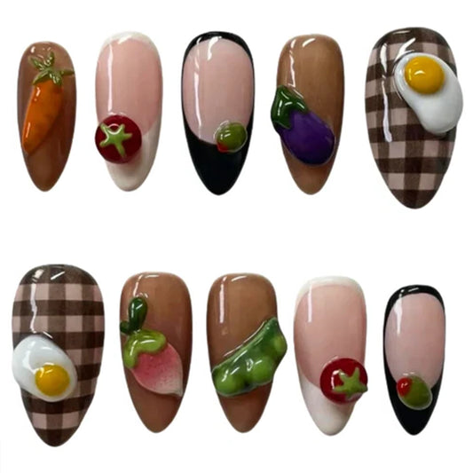 Aapon Mini Market Ltd 3D Fruits & Vegetable Themed Press-on Nails (10Pcs)
