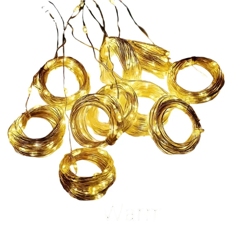 Coiled strands of warm white LED curtain fairy lights