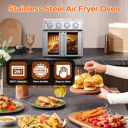 29.5 QT Air Fryer Convection Toaster Oven, French Door, 6 Slices, 1700W,