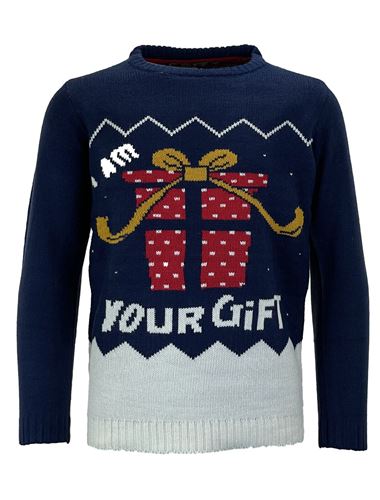 Navy kids Christmas jumper with red present and I Am Your Gift slogan