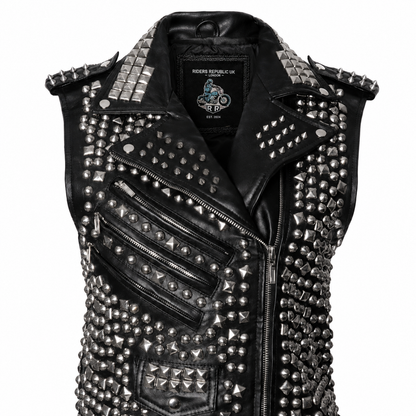 Men’s Studded Leather Vest with Silver Studs & Zipper Pockets