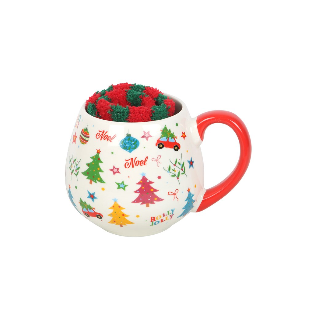 Retro print Christmas mug with red handle filled with red and green striped fluffy socks