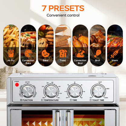 29.5 QT Air Fryer Convection Toaster Oven, French Door, 6 Slices, 1700W,
