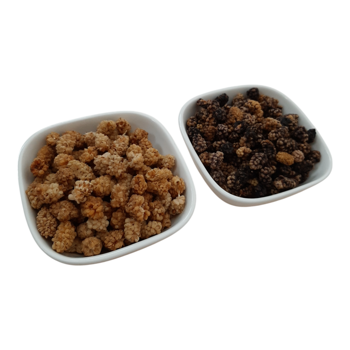 Dried white mulberries and dried black mulberries in two white dishes
