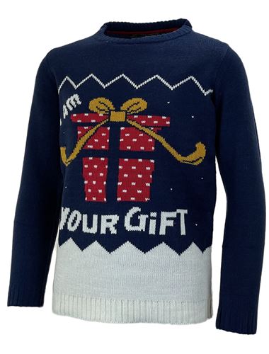 Navy I Am Your Gift kids Christmas jumper, angled view