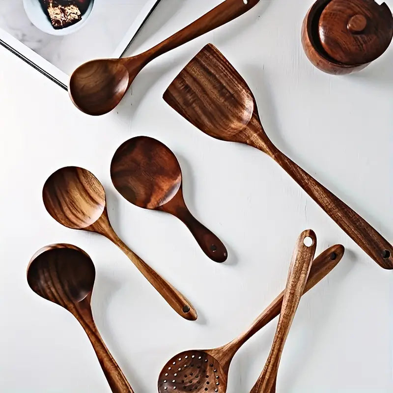 Aapon mini market -7-Piece Natural Teak Wooden Spoons for Cooking Set