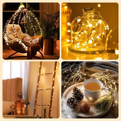 Battery fairy lights decorating a hanging chair, a glass jar, a ladder and a tea tray