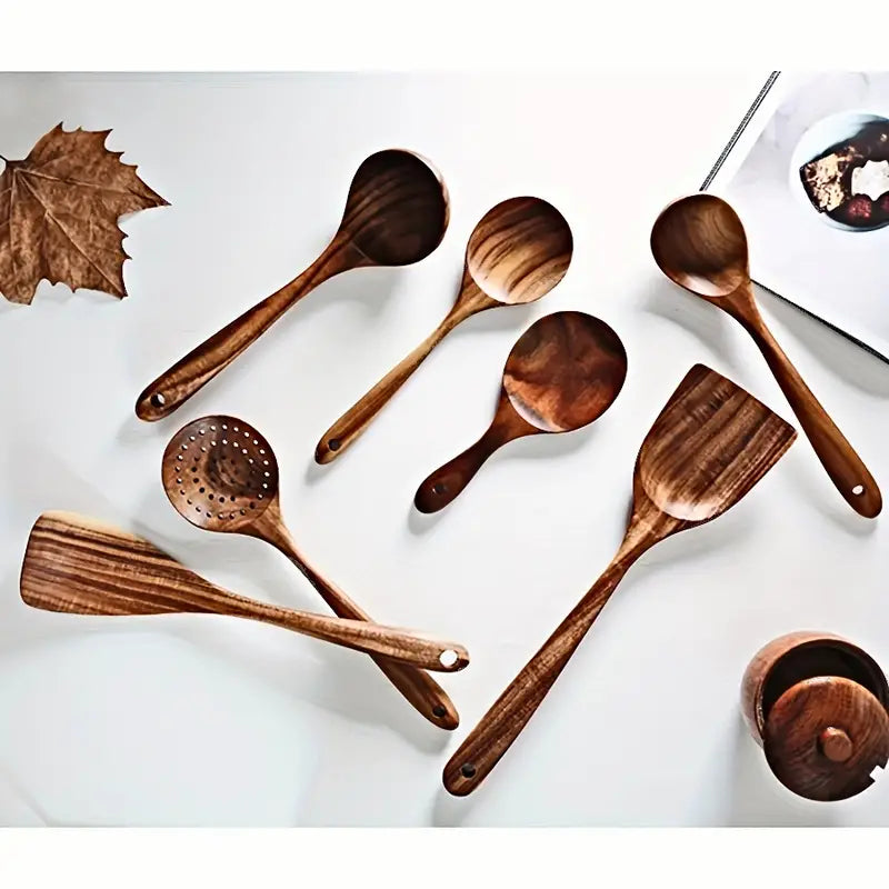 Aapon mini market -7-Piece Natural Teak Wooden Spoons for Cooking Set