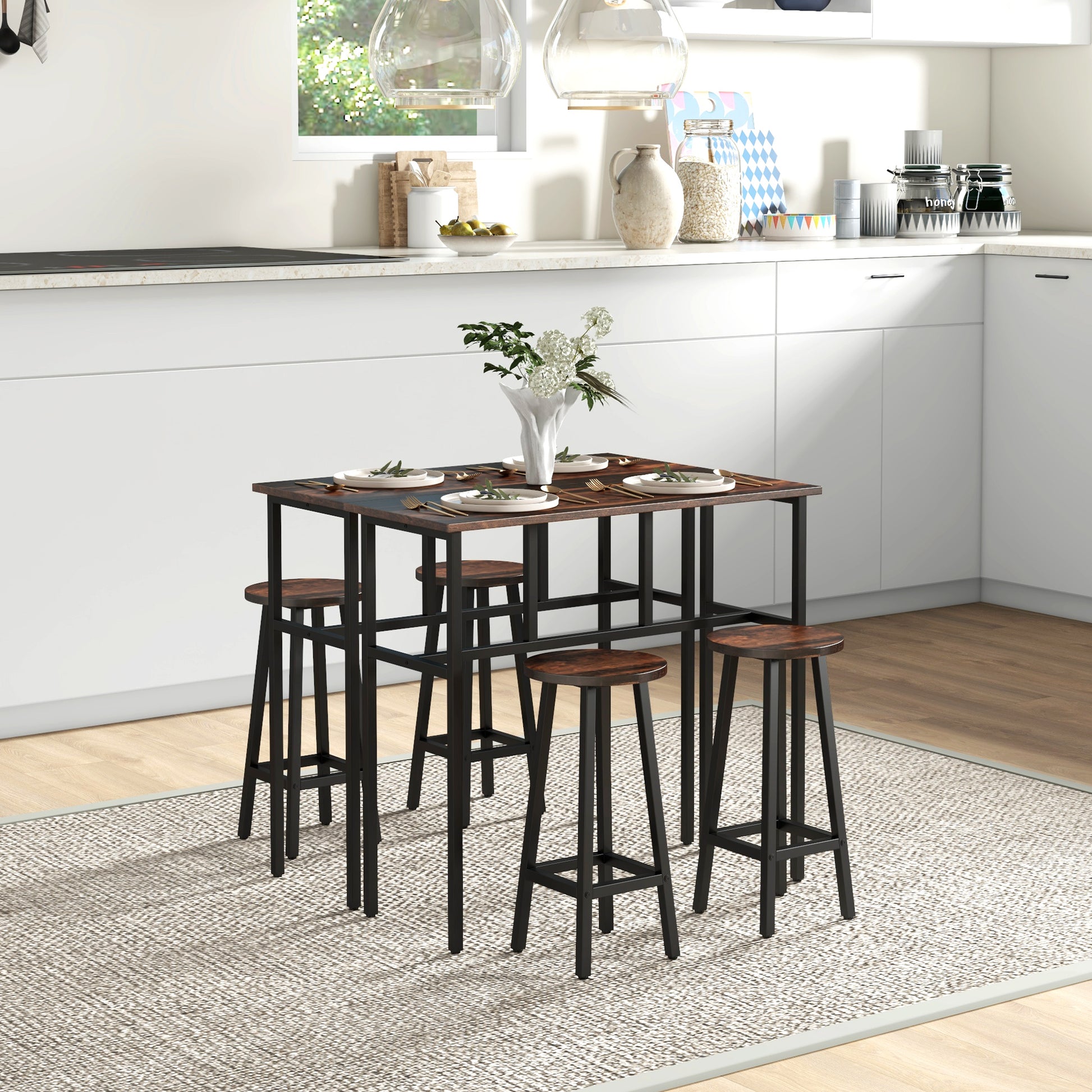 Bar Table and Stools, 2 Breakfast Tables w/ 4 Stools, Counter Height Dining Tables & Chairs for Kitchen, Living Room, Rustic Brown | HOMCOM-8