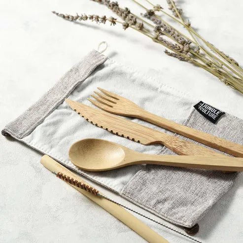 Aapon Mini Market Bamboo Cutlery Set (Green bag)