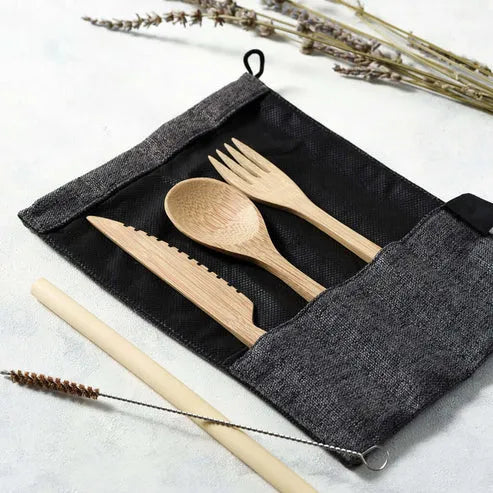 Aapon Mini Market Bamboo Cutlery Set (Green bag)