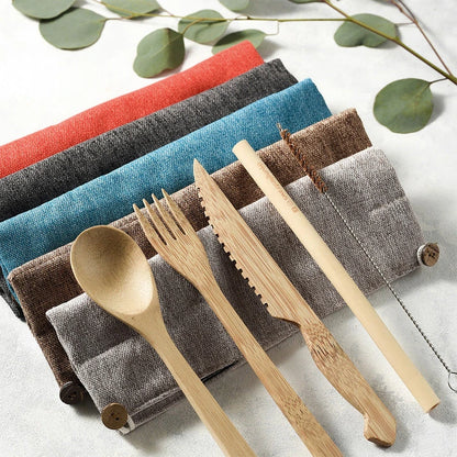 Aaponminimarket Bamboo Cutlery Set (Red Bag)