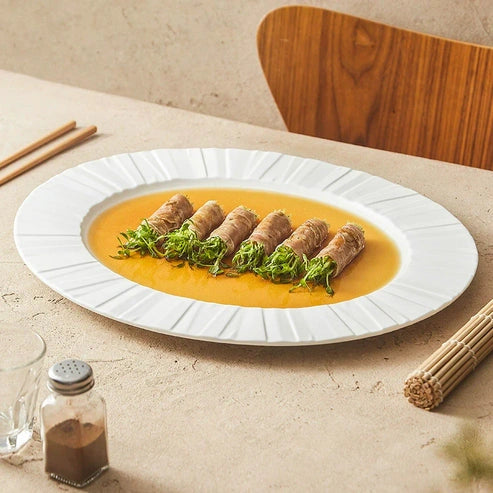 Aaponminimarket Ceramic Oval Serving Plate with Radiating Texture