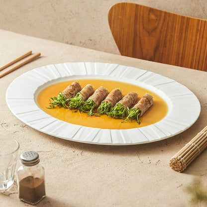 Aaponminimarket Ceramic Oval Serving Plate with Radiating Texture