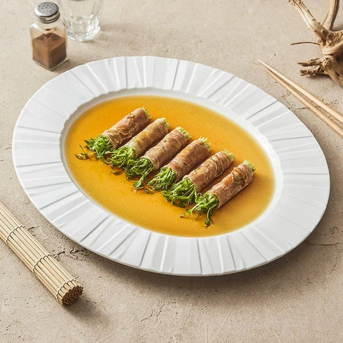 Aaponminimarket Ceramic Oval Serving Plate with Radiating Texture